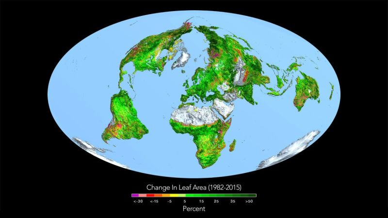 Changes in the greenness of Earth’s surface, according to a satellite analysis published last year. Image: Ranga Myneni